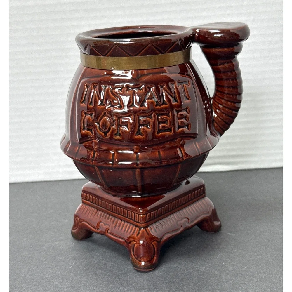 Vintage Pot Belly Stove Instant Coffee Jar Ceramic Brown Glaze Japan MCM